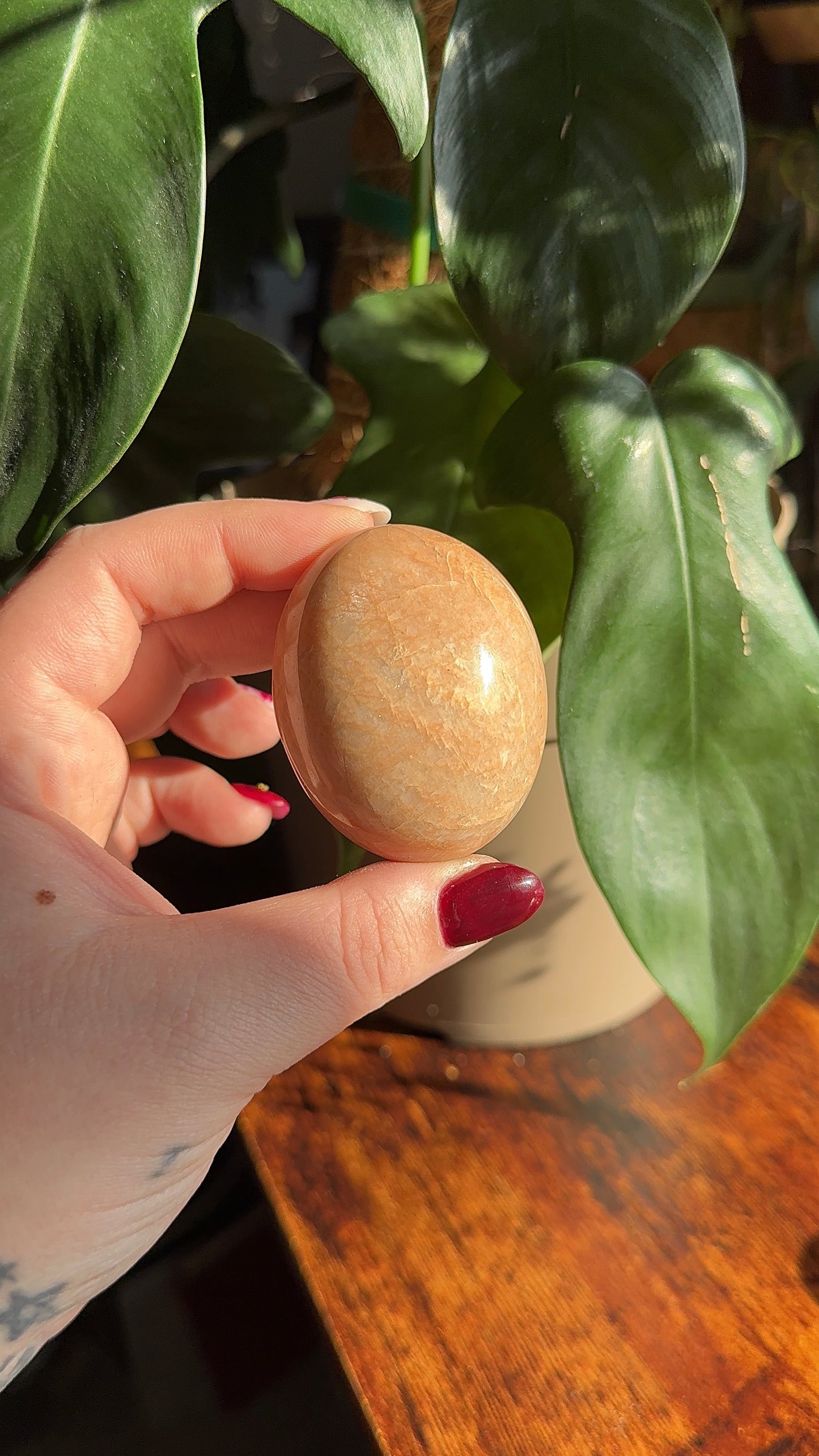 Peach Moonstone Palmstone (intuitively chosen)