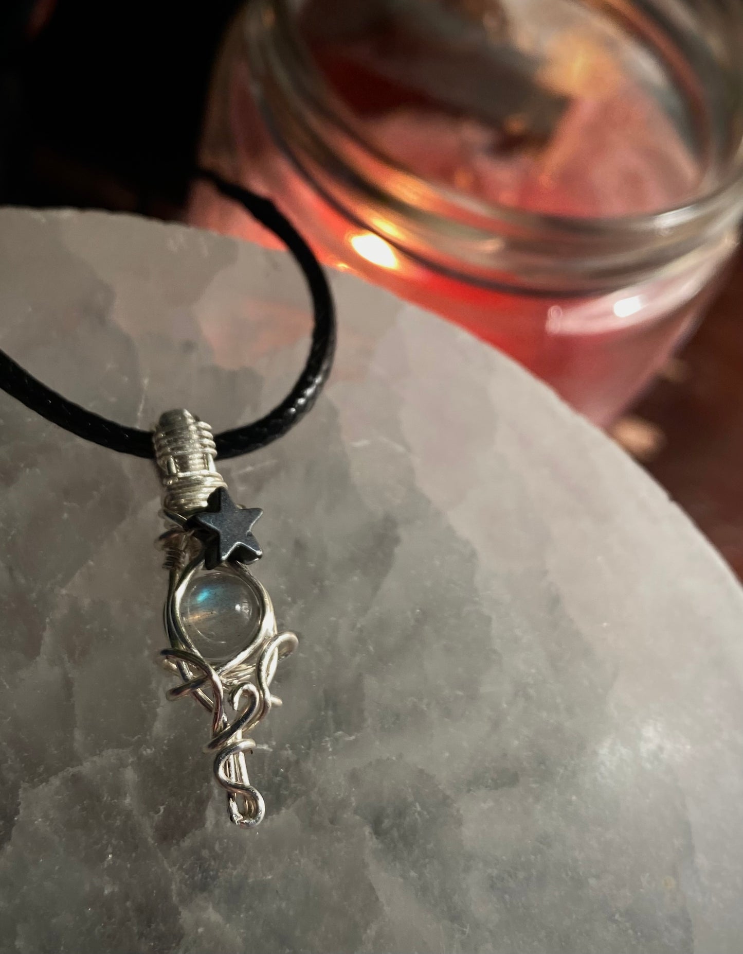 labradorite and hematite micro fidget pendant