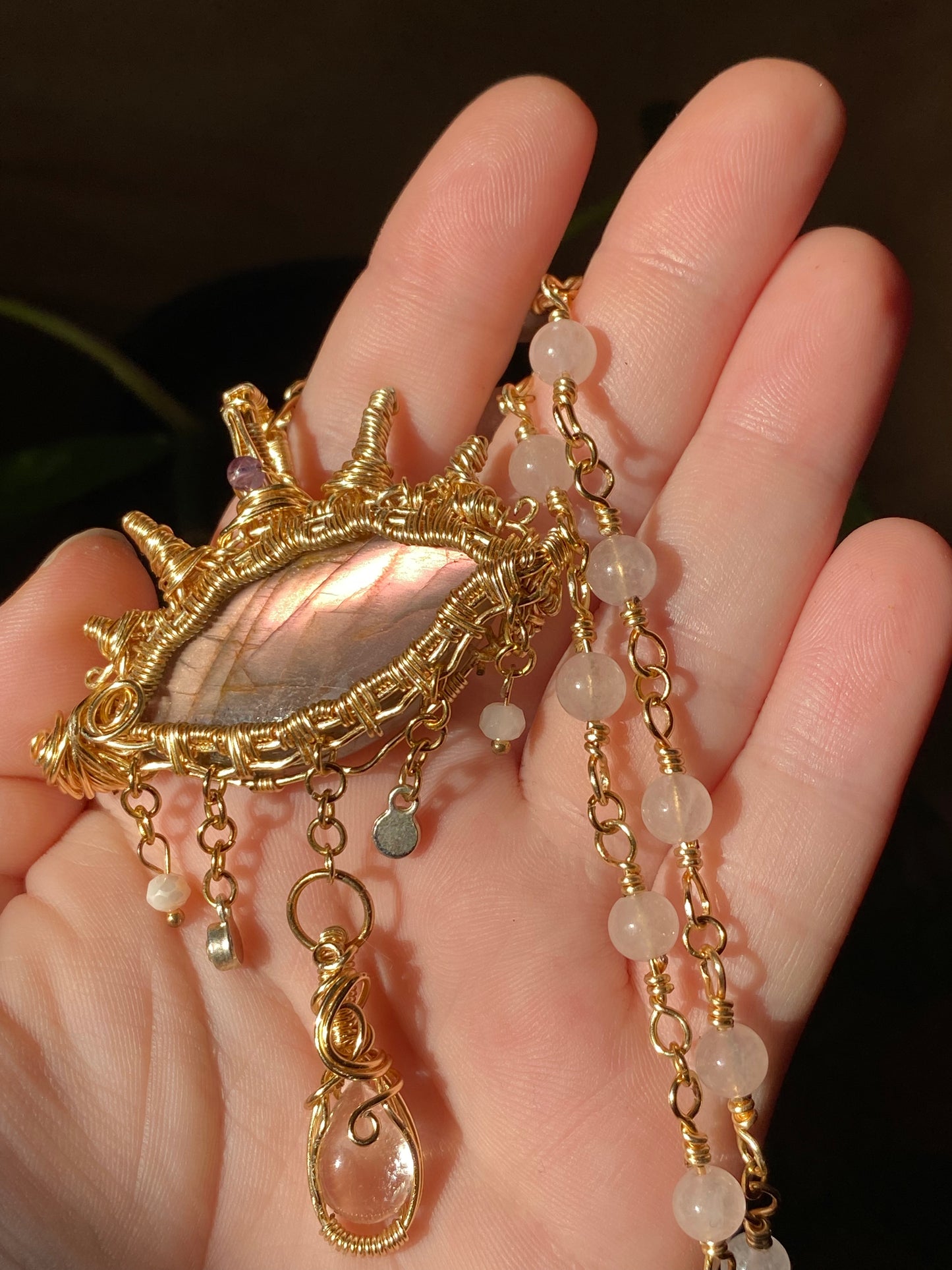 XL woven labradorite eye pendant w/ rose quartz chain