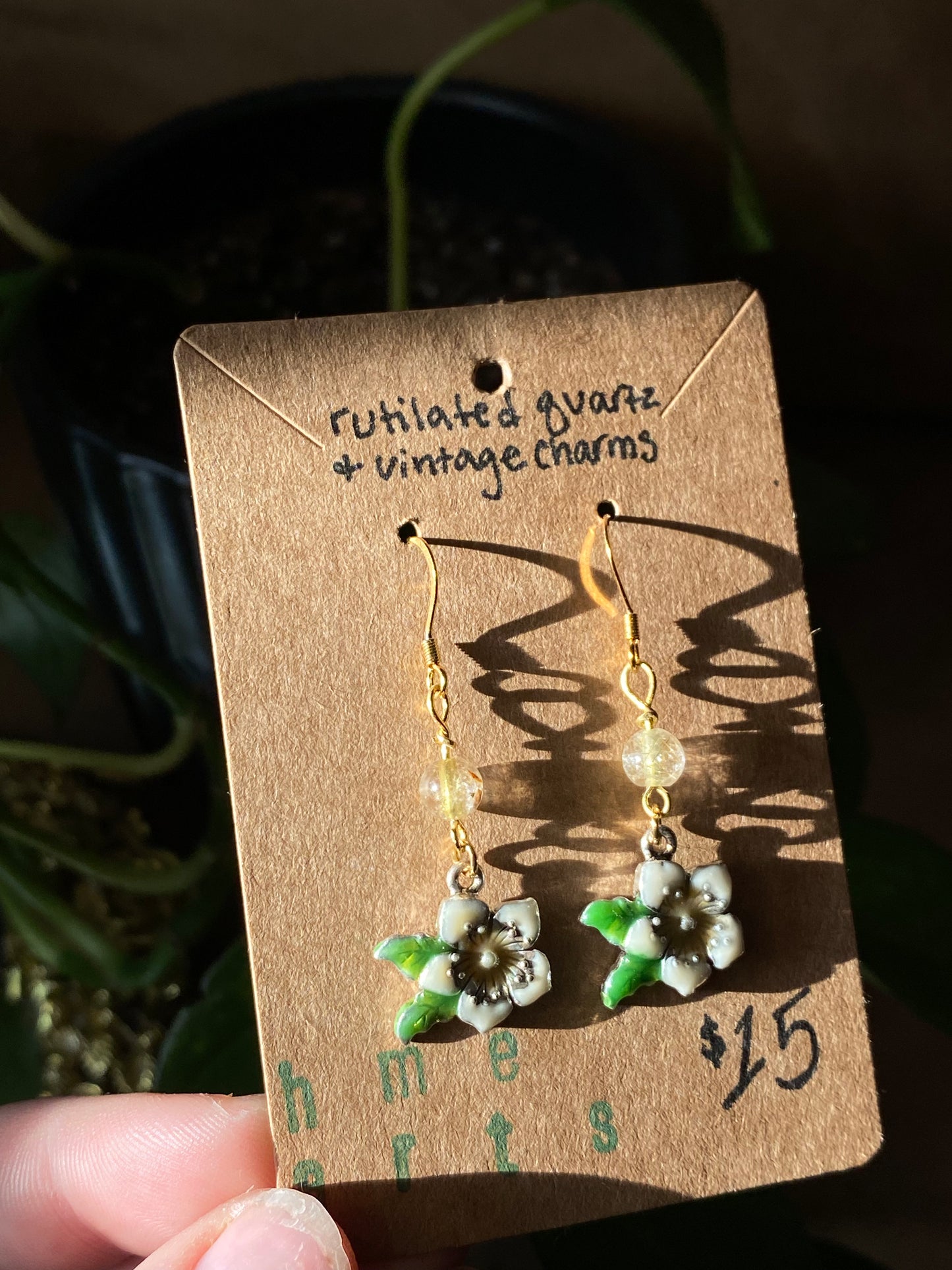 rutilated quartz & vintage flower earrings