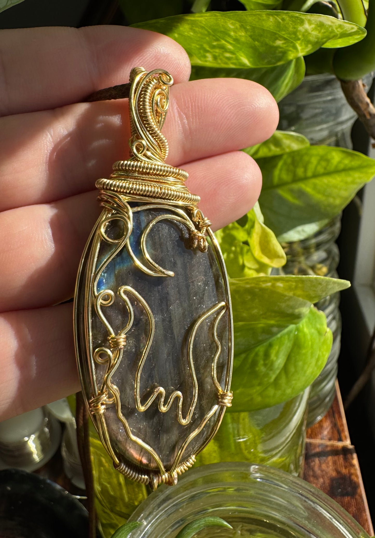 sunset labradorite moon & bat pendant