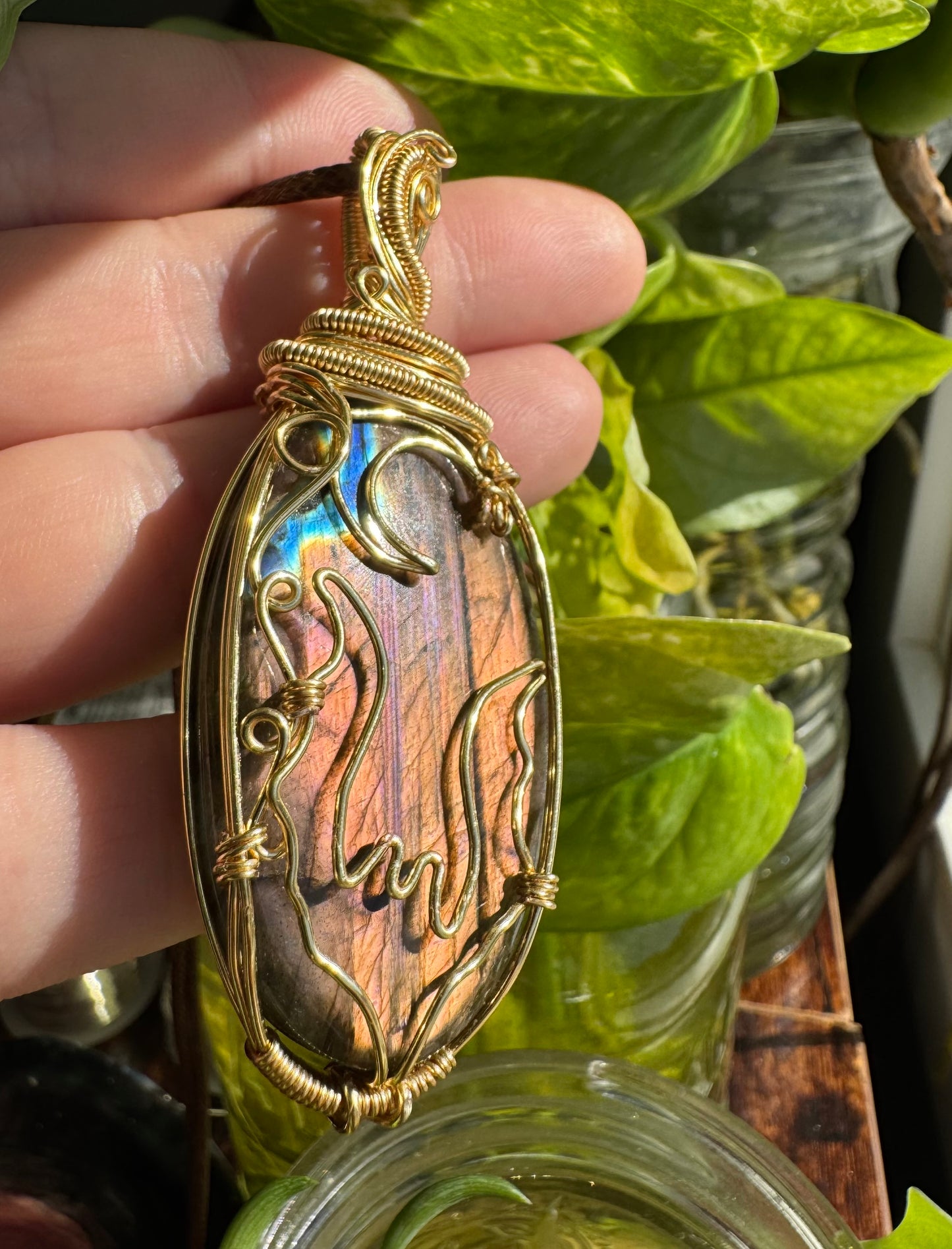 sunset labradorite moon & bat pendant