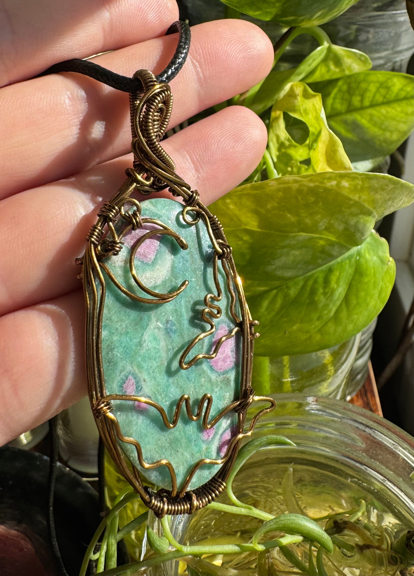 moon & bats ruby fuchsite pendant